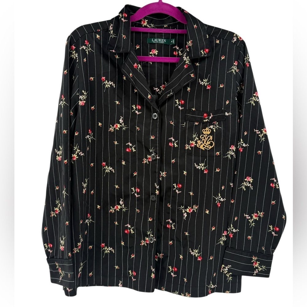 Lauren Ralph Lauren Black Floral Pinstripe Crest Satin Regal Button Baroque, M